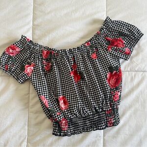 Moa Moa Gingham Cropped Top | Black & White Floral Shirt Women’s